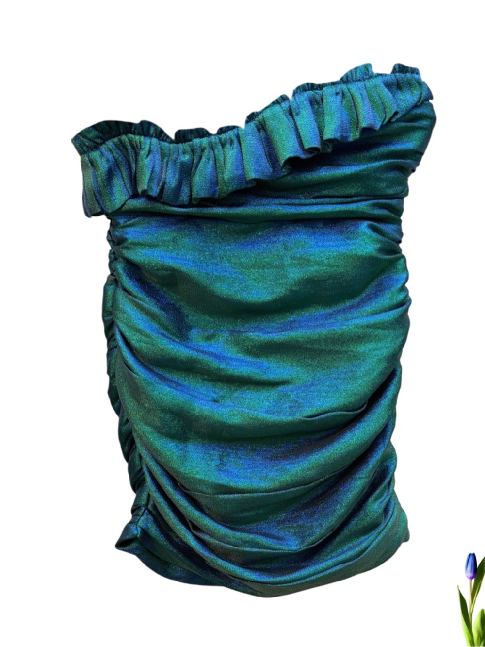 DO+BE Strapless Ruched Metallic Green-Blue Cocktail Dress/ Wedding Guest